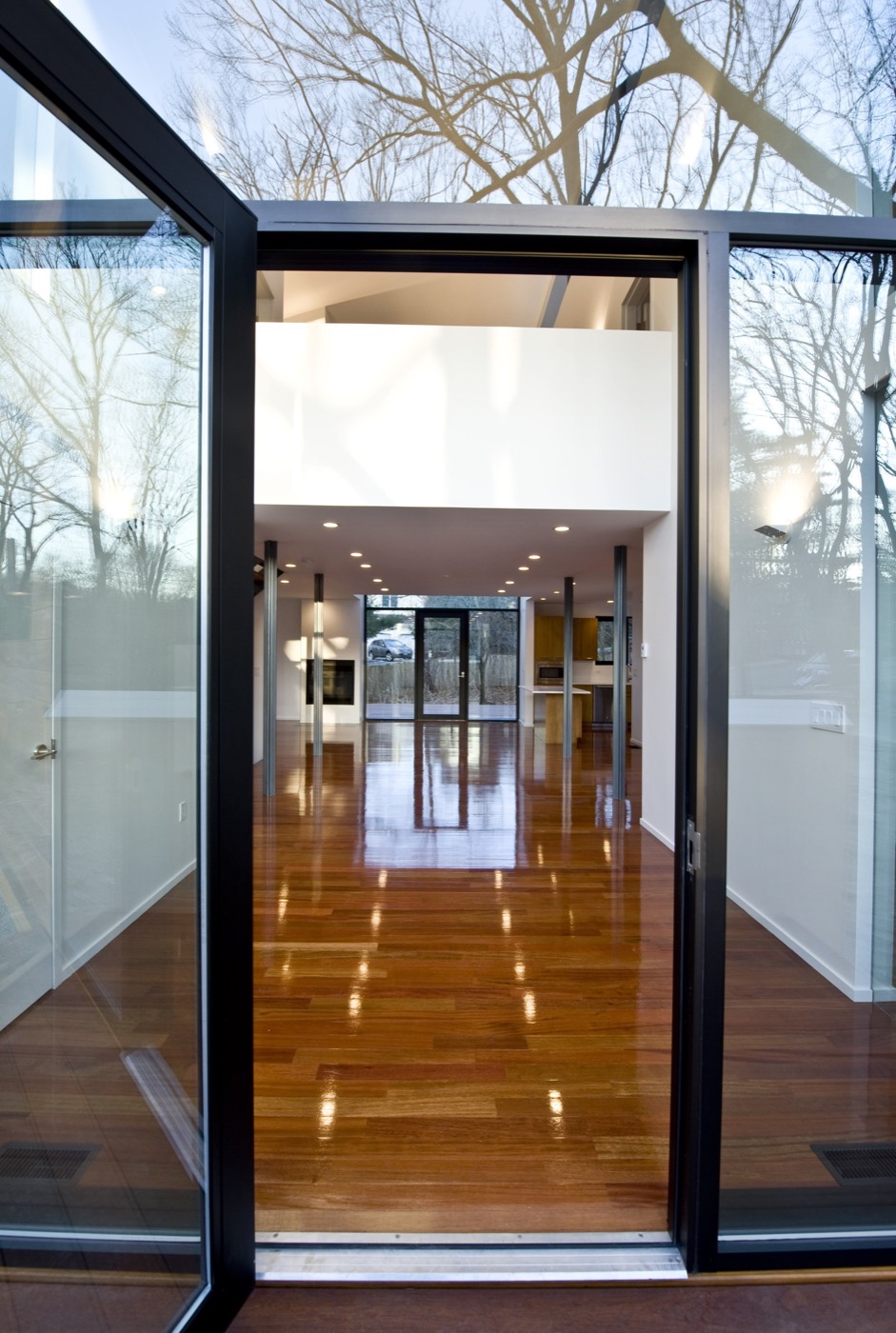 A black-framed pivot door held open, the view running straight through a double-height white room to full-height glazing and trees on the far side