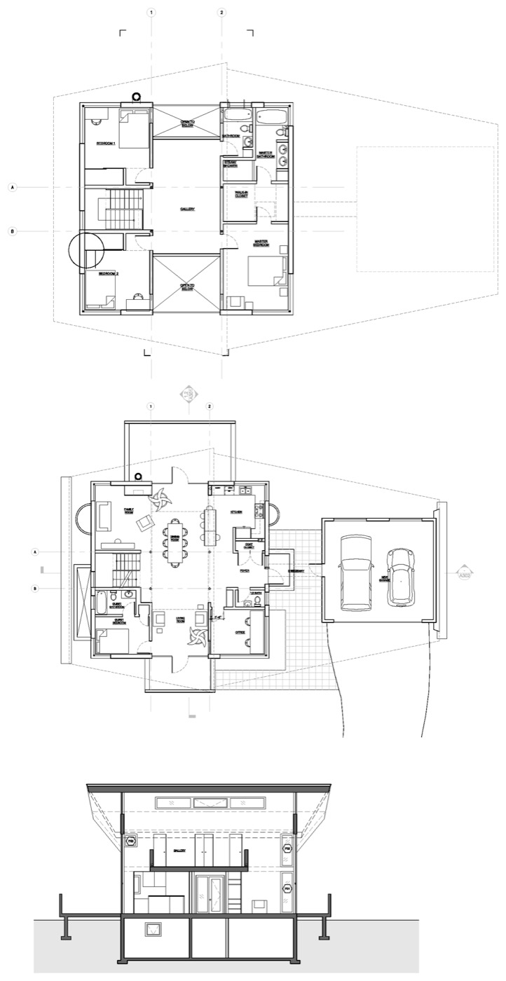 Line drawings stacked vertically: the second-floor plan, the ground-floor plan with garage, and a building section through the two-storey gallery