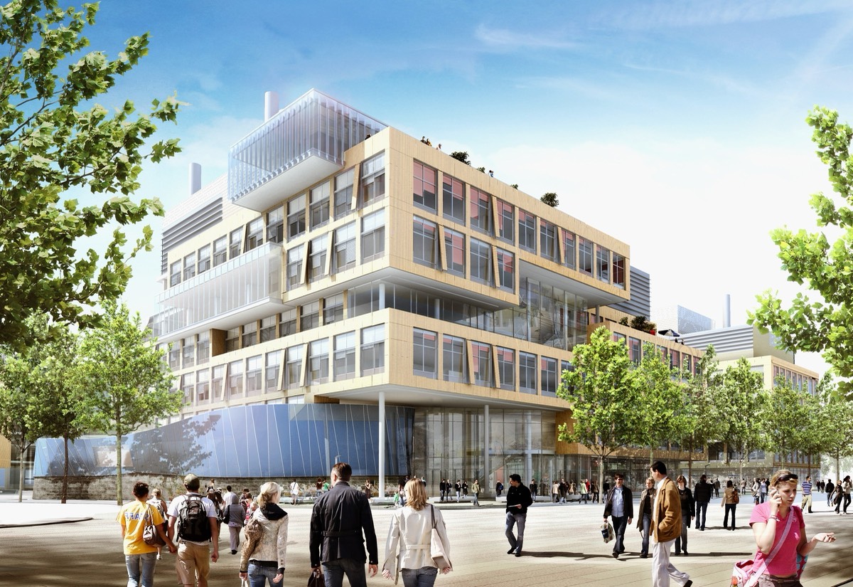 A rendered corner view of a glass-and-metal laboratory building over a plaza with many people; a curved, colour-fritted glass wall wraps the ground floor at left