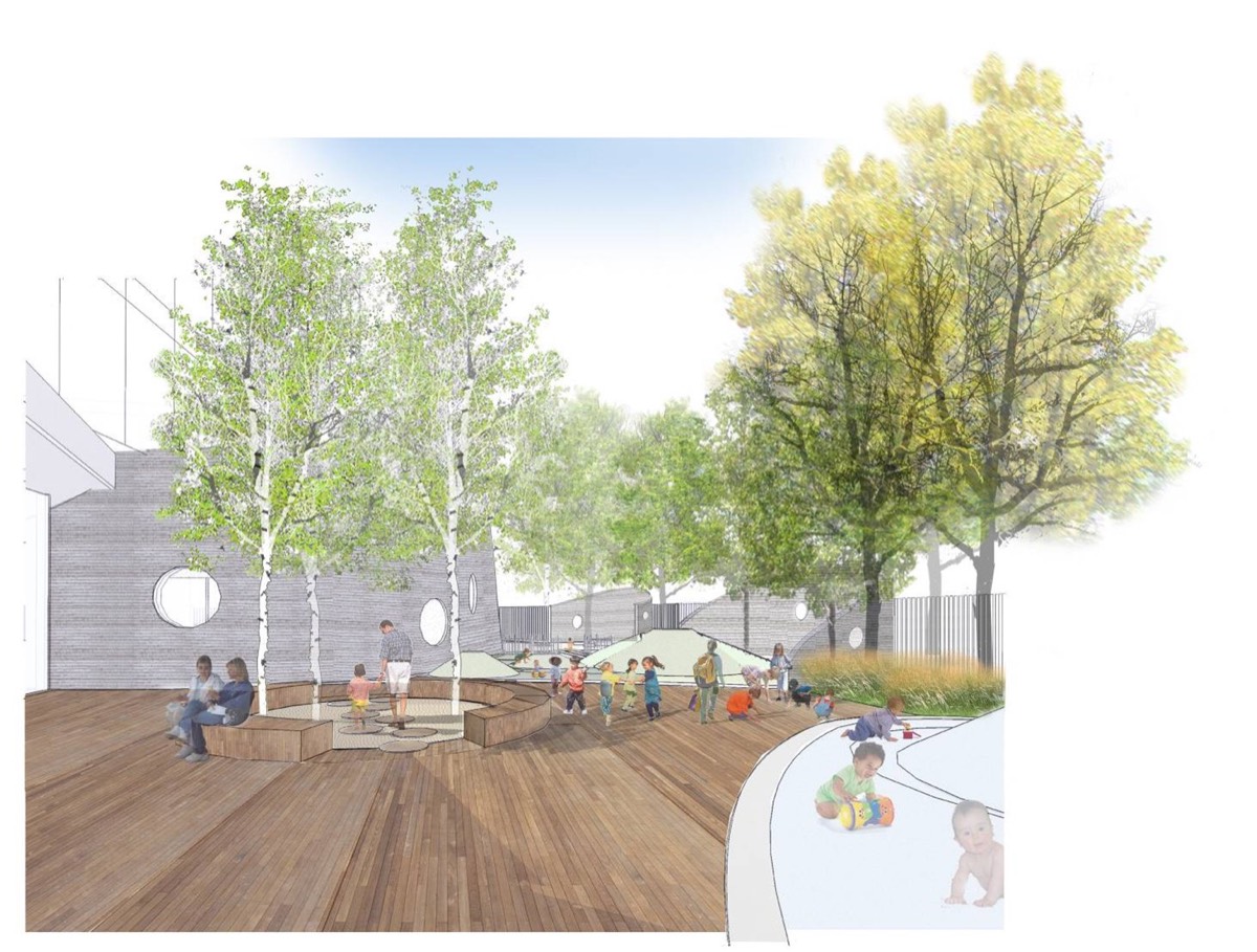 A soft, hand-coloured rendering of an outdoor deck with board-formed concrete walls pierced by round portholes, white birches, a play mound, a parent and toddlers