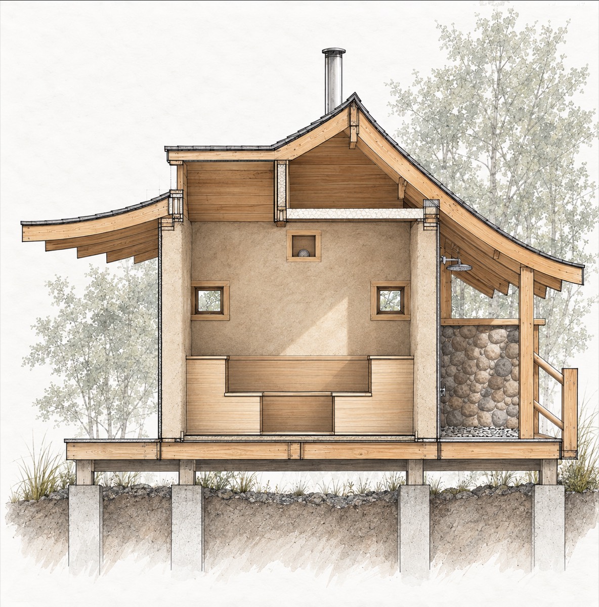 A tinted sectional drawing of the sauna: thick earthen walls lined in wood, two tiers of bench, a thermometer niche, two small windows, the curved roof with the skylight box at its centre, the cobble-walled shower under the eave at right, the deck raised on posts