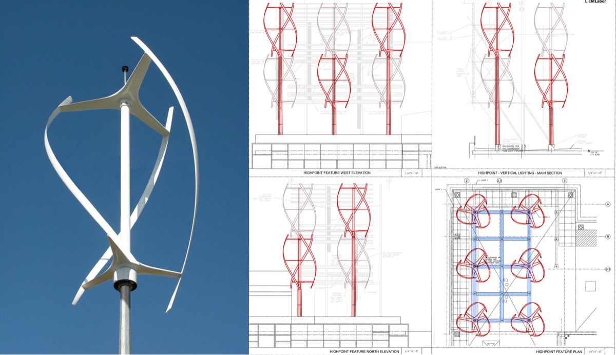 A composite sheet: a photograph of one white helical turbine against sky at left; at right four drawings, west and north elevations, a lighting section, and a plan, with the turbines in red over a grey building