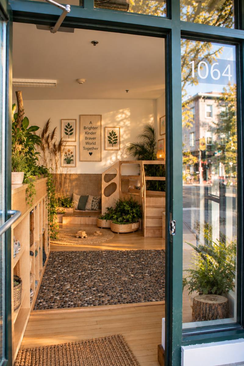 Looking through the open green shopfront door in evening light: a pebble-tile entry mat, a round jute rug, the cubby wall at left with shoes, the plywood perch with its oval cut-outs ahead, plants and dried grasses, the street reflected in the glass