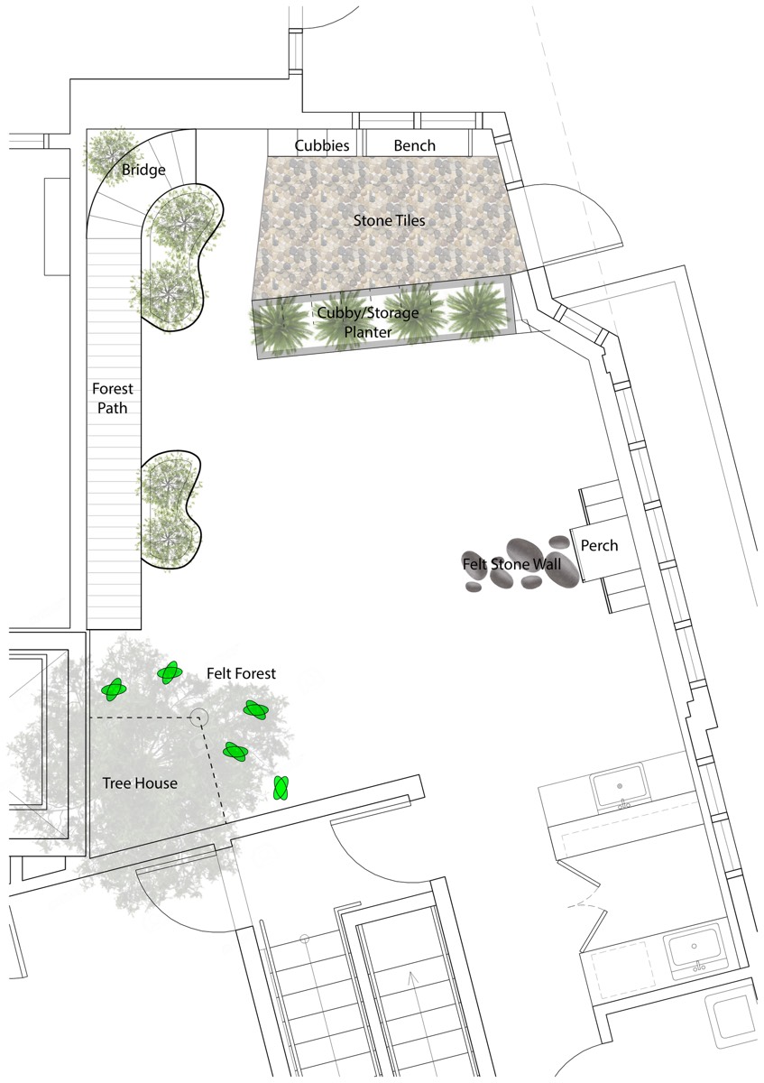 A line plan of the classroom with its zones labelled: Bridge, Forest Path, Cubbies, Bench, Stone Tiles, Felt Stone Wall, Perch, Felt Forest, Tree House