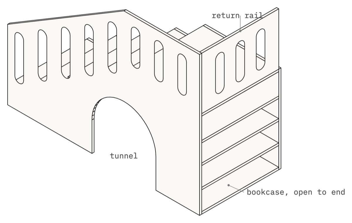 A line-drawn axonometric of a birch-ply play stair: a stepped side panel with oval cut-outs, an arched tunnel beneath, a platform, and an open bookcase at the end, labelled