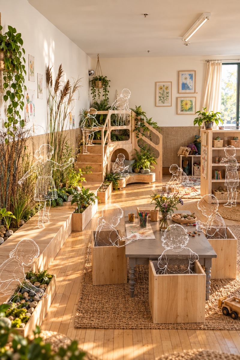 The classroom toward the perch and the boardwalk in warm light: planter benches, a low table with cube stools, children drawn as white line figures