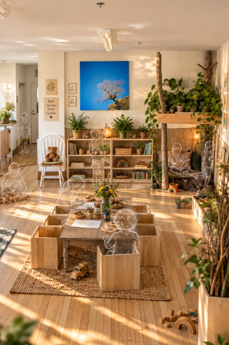 The room toward a low bookshelf wall under a blue sky painting, the tree trunk at right, the table and stools, children drawn as white line figures