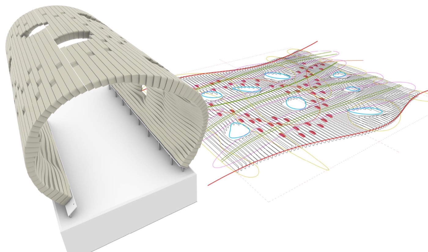 A grey 3D perspective of the pipe with its apertures at left; at right the unrolled plank pattern with coloured control curves and aperture outlines
