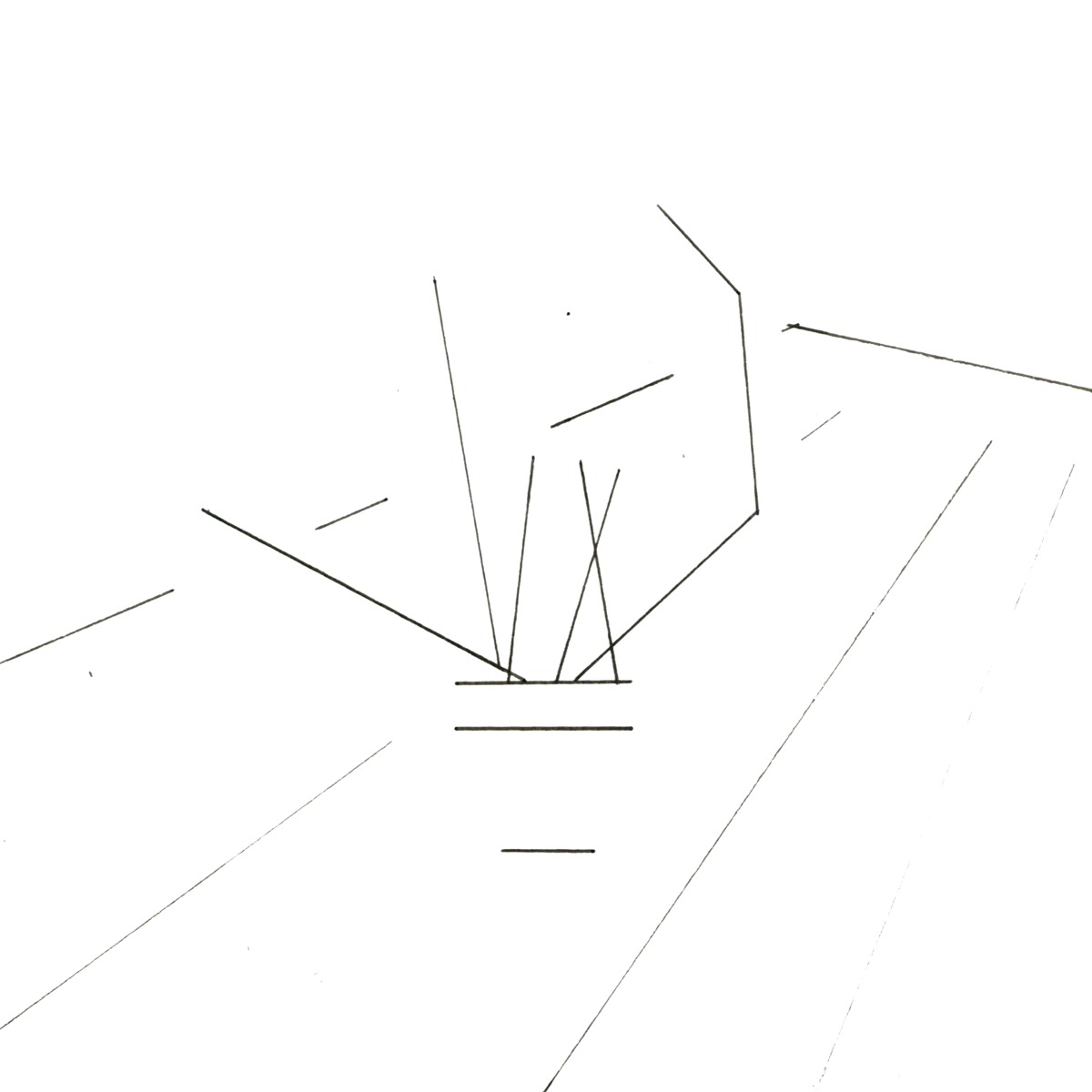 A cluster of fine lines suggesting fronds over a pot, with a table edge and shelf lines