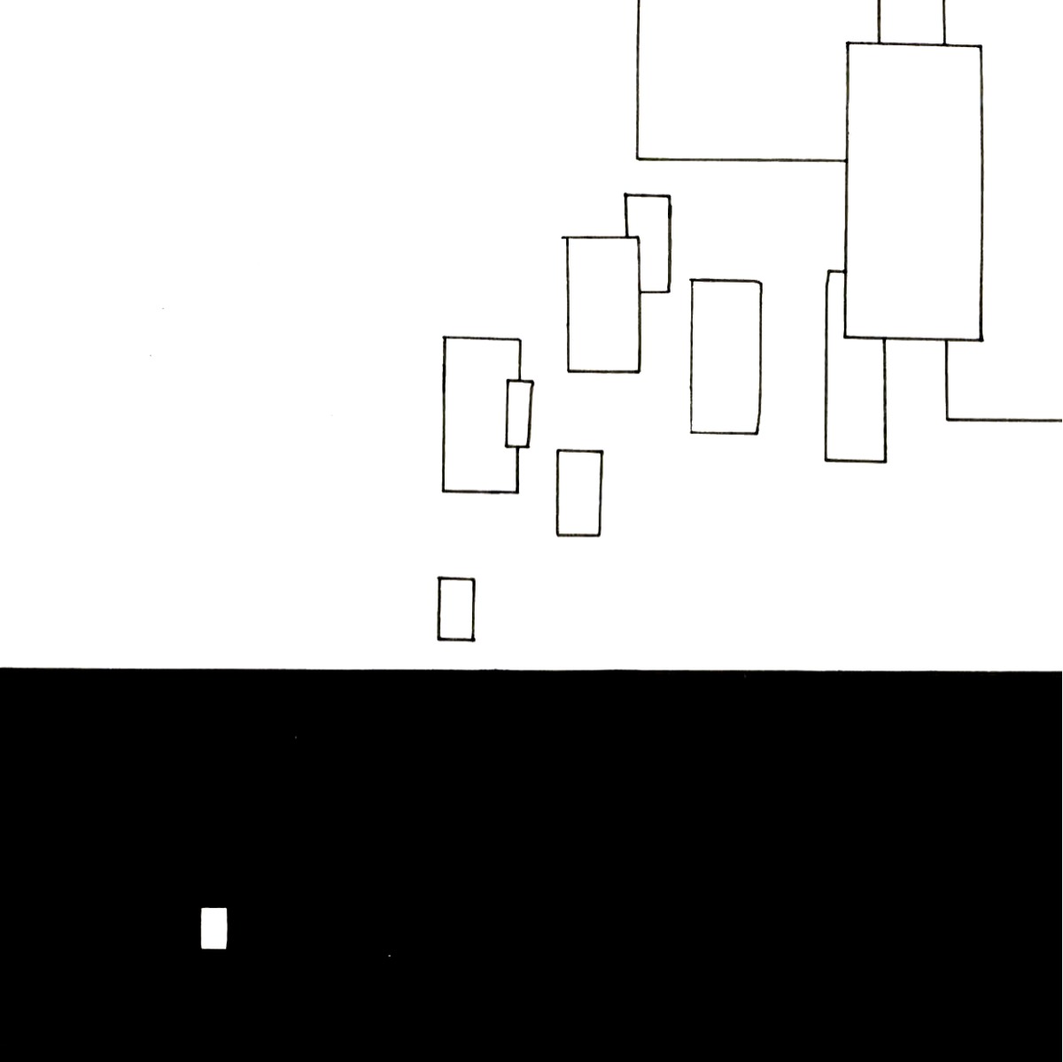 Outlined rectangles lifting off a solid black band with a single white square in it