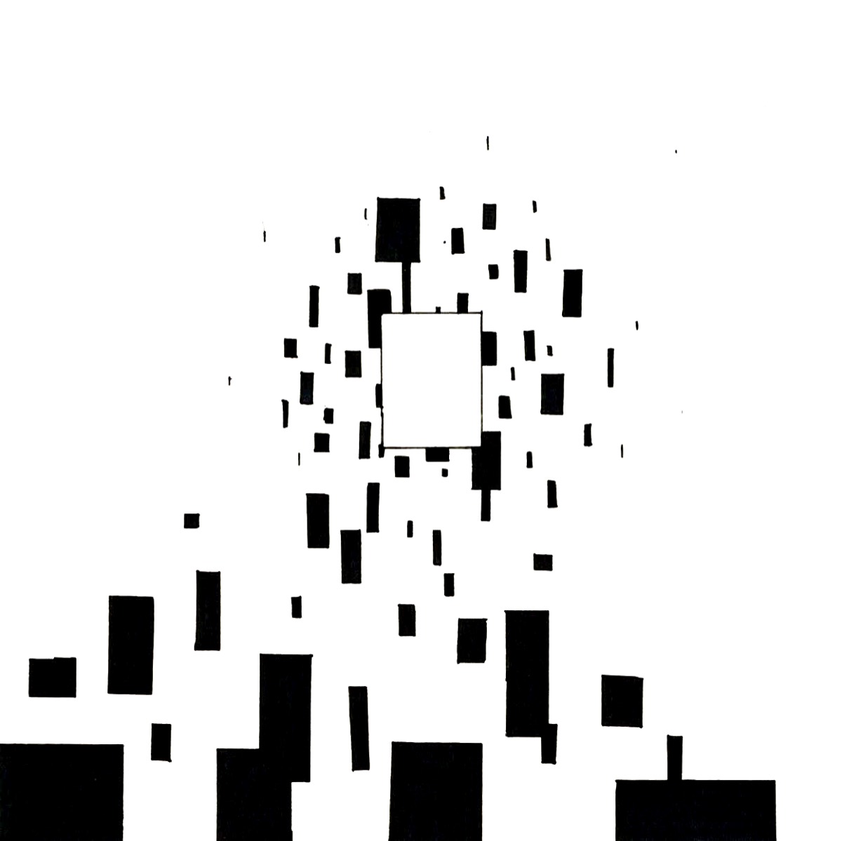 A swarm of small black rectangles crowding around one empty outlined square