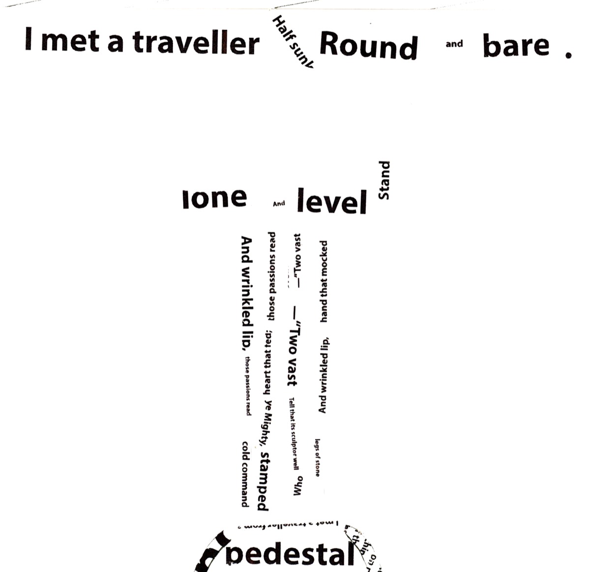 Cut-out words arranged as a standing figure: "I met a traveller," "Round," "bare," a column of tiny text for the body
