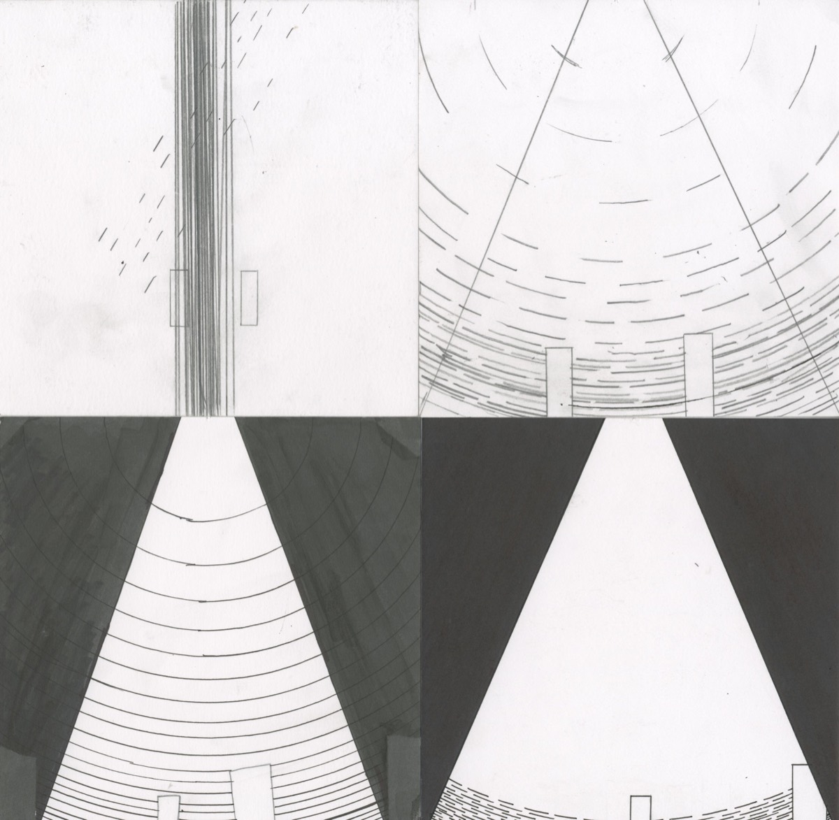 Four panels of a widening white wedge on dark ground with dashed arcs of marks