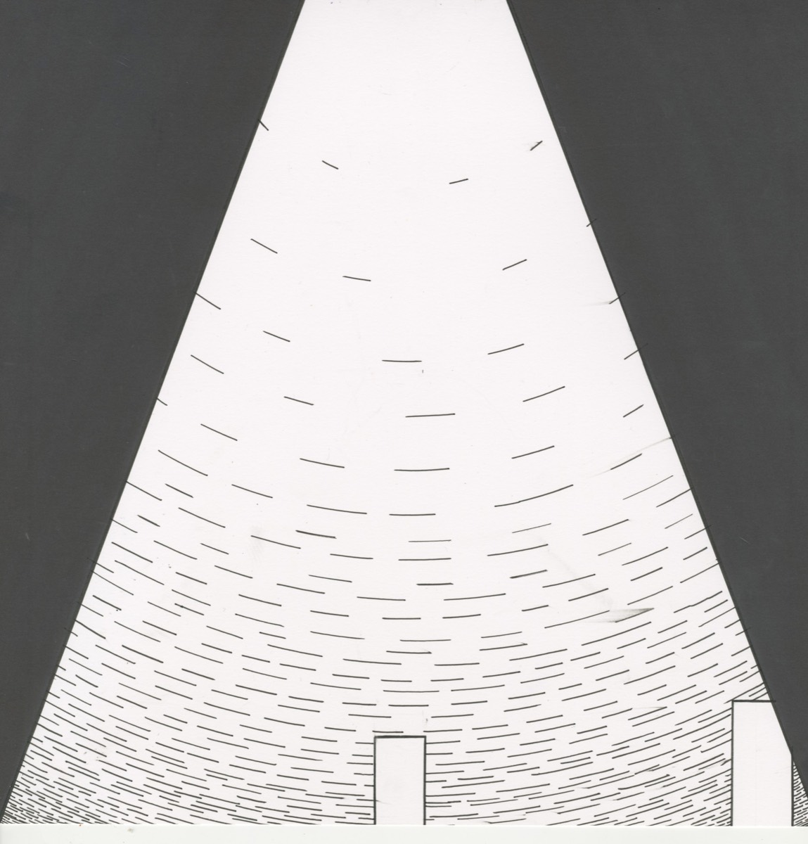 A white wedge opening from a small base into a field of curved dashes on black