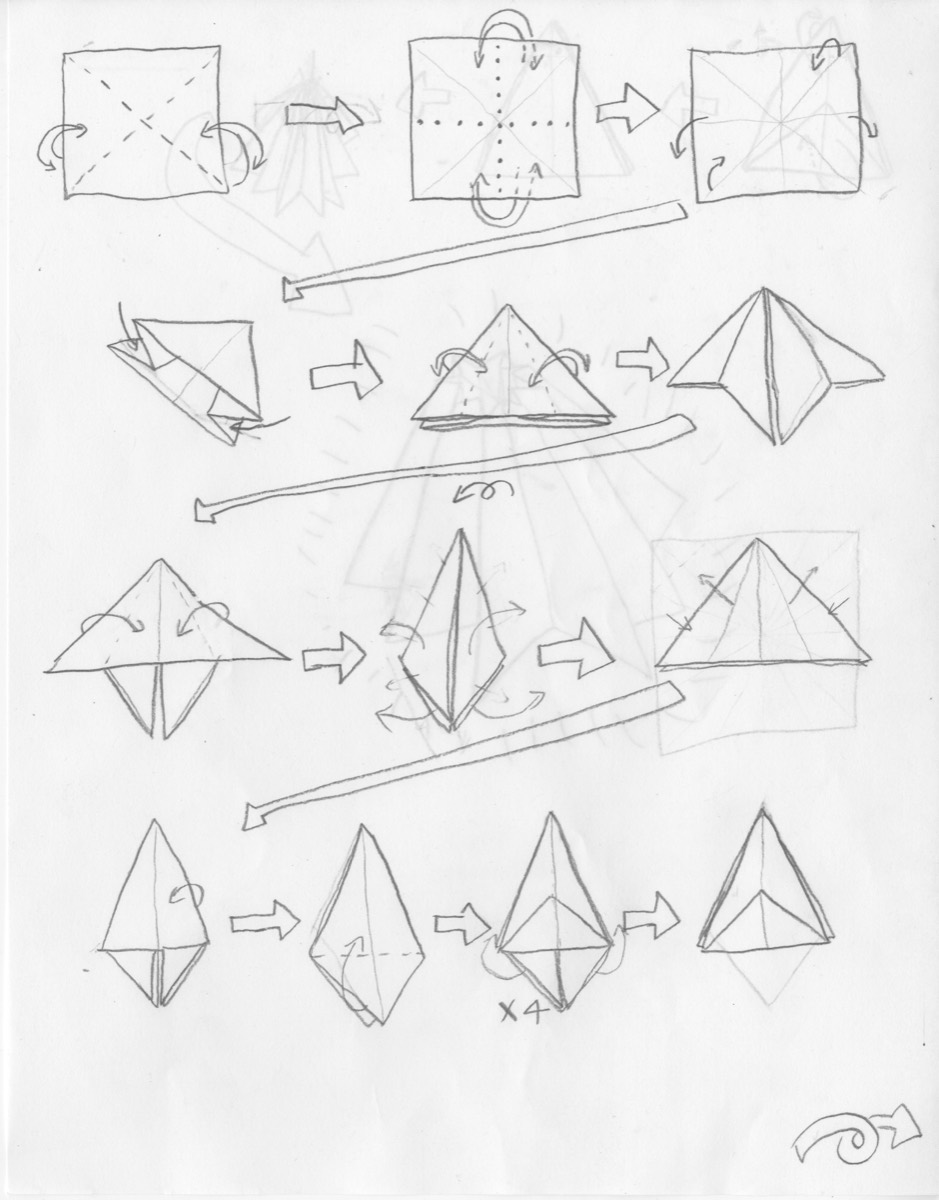 Twelve pencil diagrams of a square folding step by step into a kite form