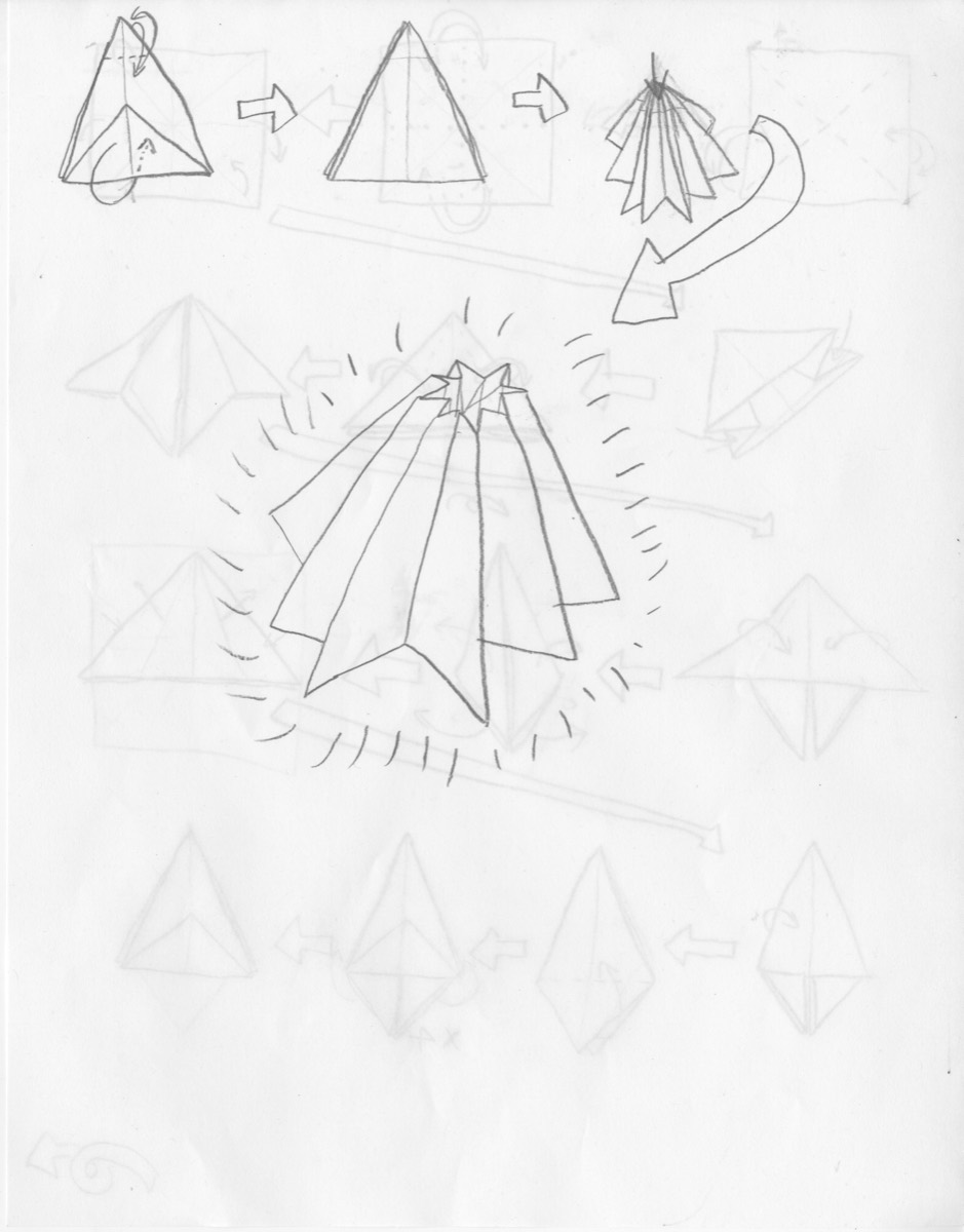 A pencil drawing of the form opened, with fold lines annotated