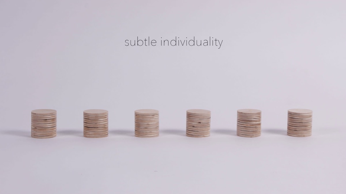 Six short plywood cylinders in a row on white, each subtly different, under the title