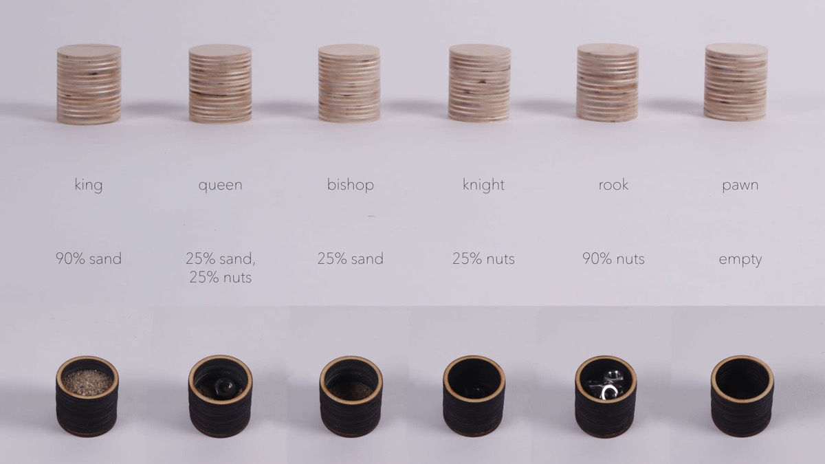 Six plywood cylinders labelled with what fills them, sand and nuts in differing amounts