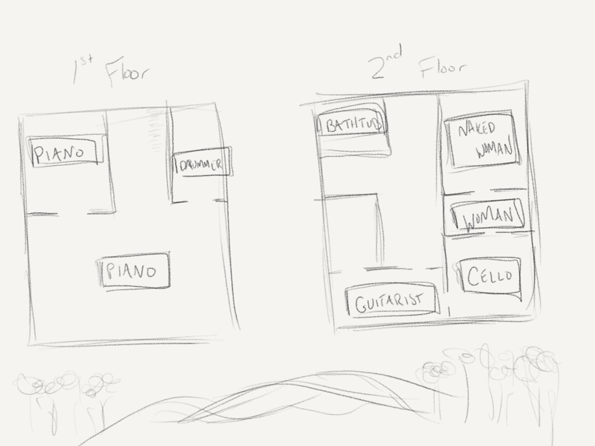 A pencil plan of two floors with rooms labelled piano, guitar, bathtub, cello