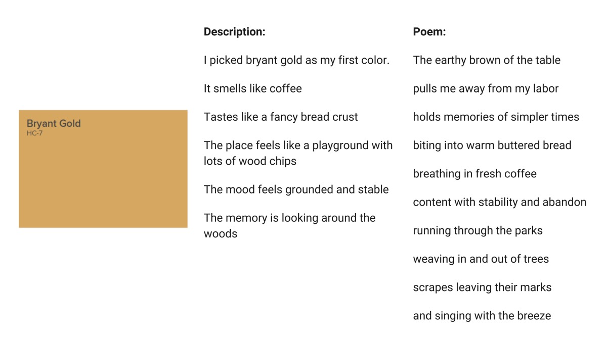A gold paint chip beside a six-line description and the poem Stability