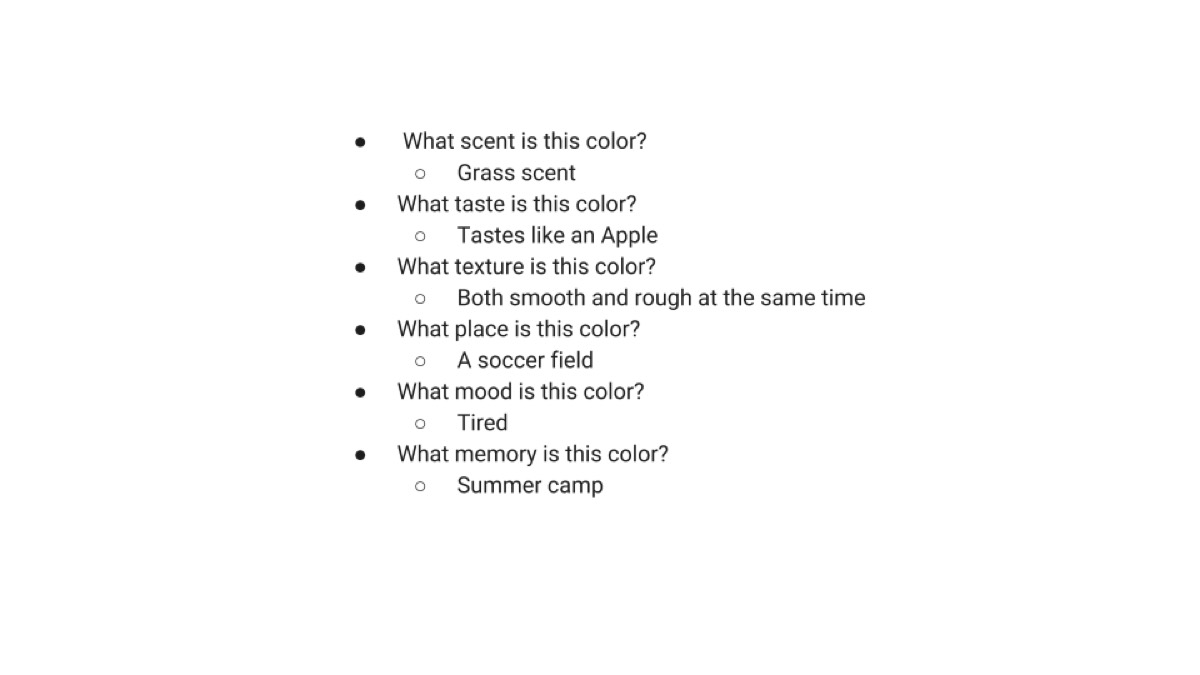 A slide listing what the colour smells, tastes, feels like, its place, mood, and memory