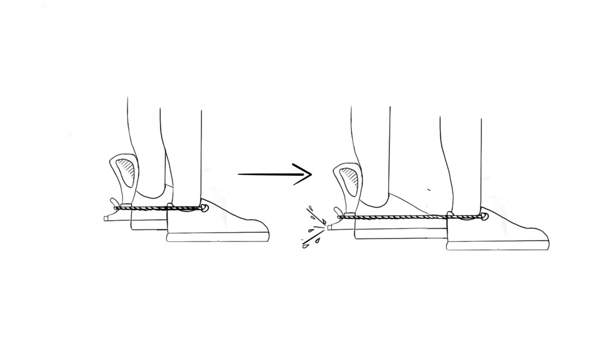 A line drawing of the shoe with the bottle and string, before and after a step