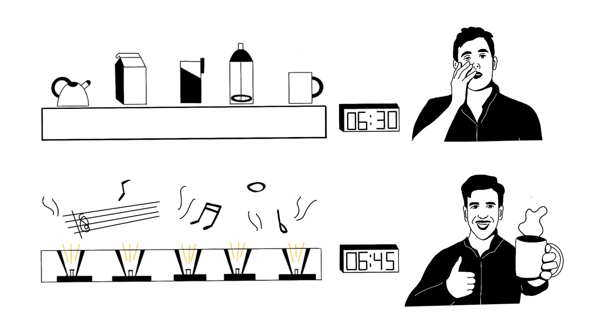 Two panels: a figure yawning by the table, then drinking as it plays