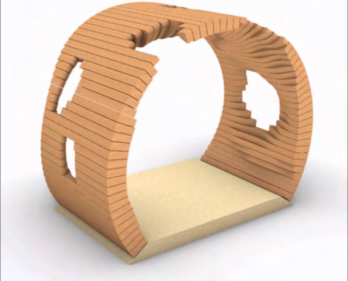 A rendering of a plank arch with cut openings on a sand base