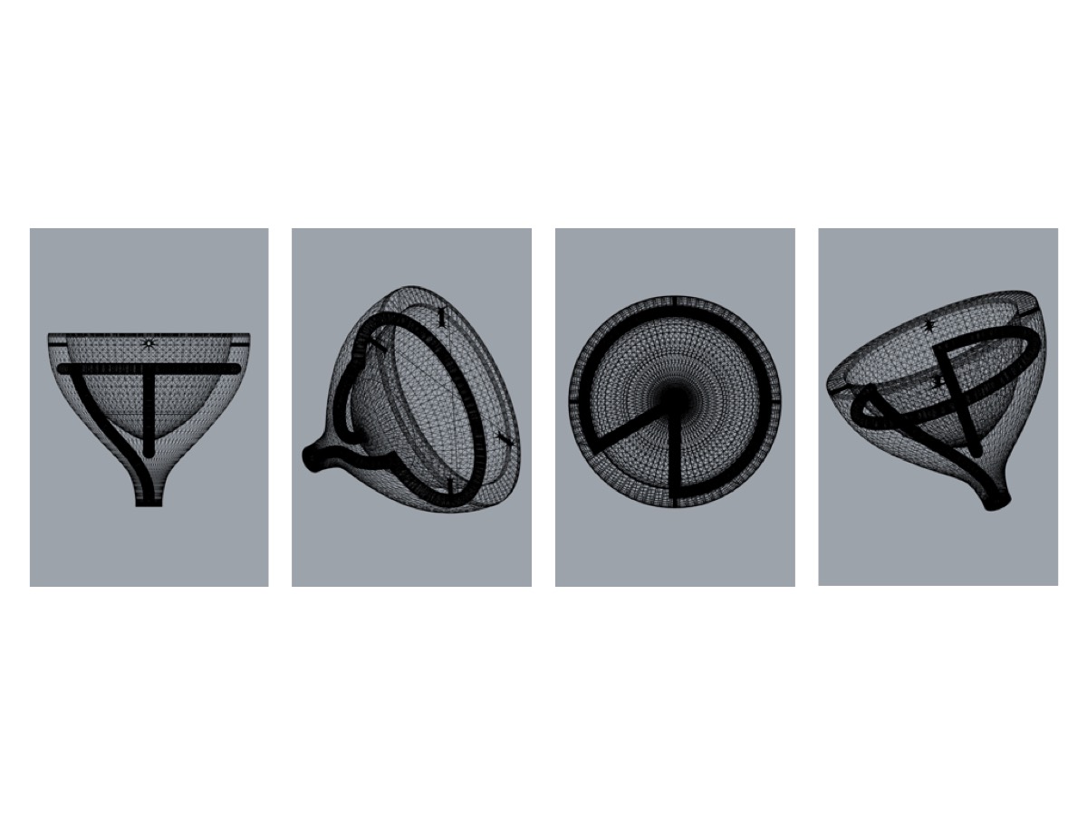 Four grey wireframe views of a cone-shaped patch