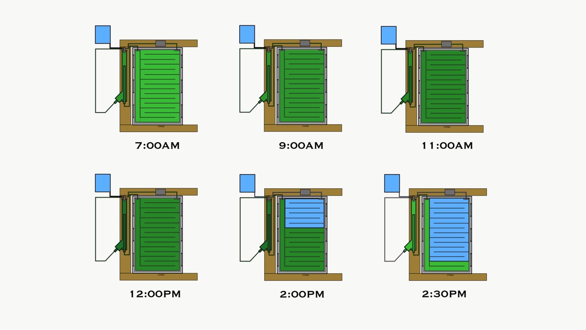 Six window panels from 7 am to 2:30 pm, the green filling in