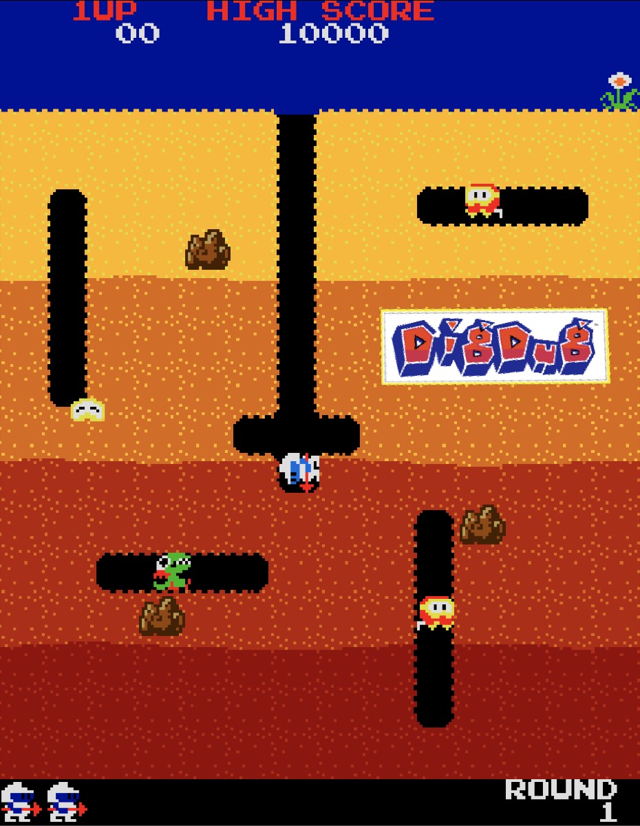 An arcade screenshot of tunnels in coloured earth