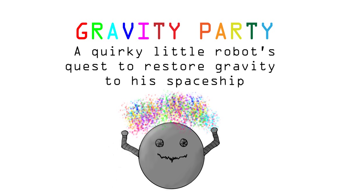 A round grey robot with a crown under the title in rainbow letters