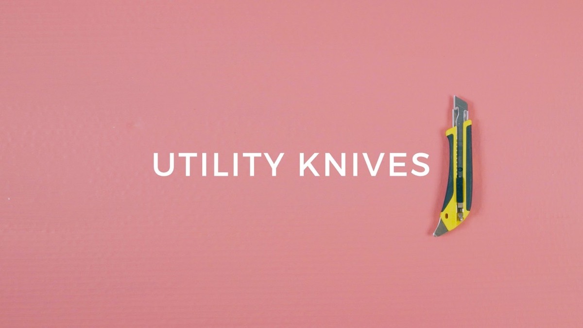 A utility knife on pink under the words UTILITY KNIVES