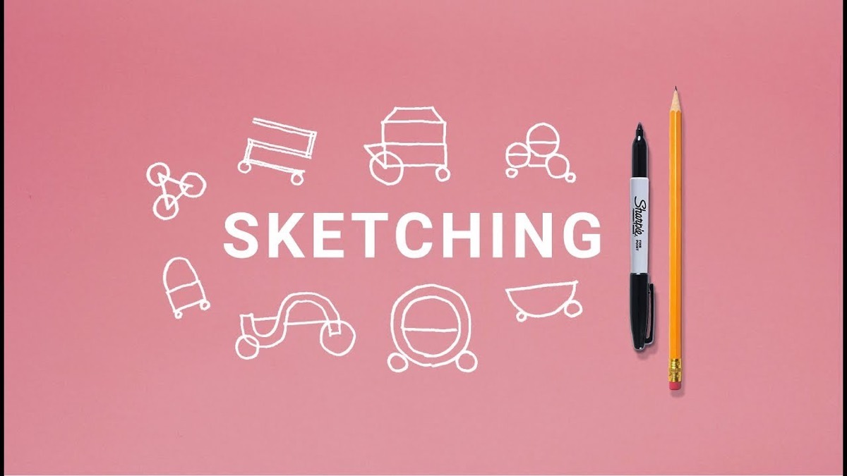 White line-drawn carts and wheels around the word SKETCHING on pink, a marker and pencil beside