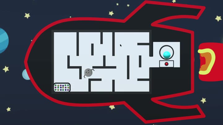 The robot crossing the maze inside a red-outlined rocket as gravity changes