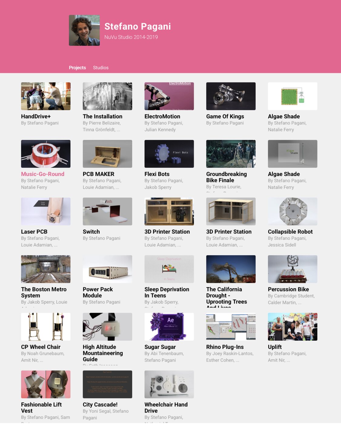 Student portfolio grid showing project work across multiple studios